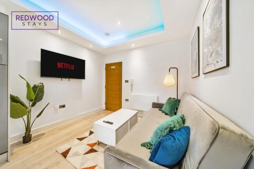 uma sala de estar com um sofá e uma televisão em BRAND NEW, 1 Bed 1 Bath, Modern Town Center Apartment, FREE Parking, Netflix By REDWOOD STAYS em Aldershot