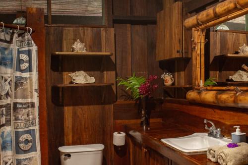La salle de bains est pourvue de toilettes et d'un lavabo. dans l'établissement Casa Heliconia - spacious, big garden, close to the beach, à Puerto Viejo