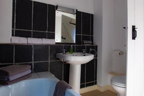 a black tiled bathroom with a sink and a toilet at The Linhay in Hartland