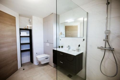 une salle de bain avec toilettes, lavabo et douche dans l'établissement Appt 2 chambres, neuf proche de toutes commodités., à Porto-Vecchio