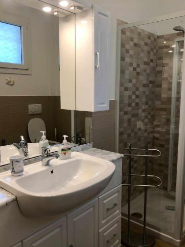 a bathroom with a white sink and a shower at Ninfea apartments in Sanremo