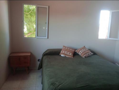 um quarto com uma cama verde com duas almofadas em El Sauce em Albardón