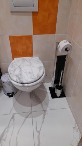 a bathroom with a white toilet in a room at Penzion U Bernardýna in Tachov