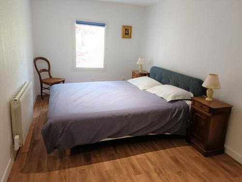 a bedroom with a bed and a table with a lamp at Charmante petite maison 2 personnes in Chambourg-sur-Indre