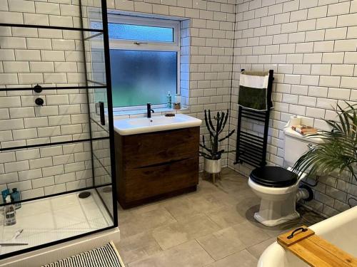 a bathroom with a sink and a toilet and a shower at Home in West by the Sea in Llanelli