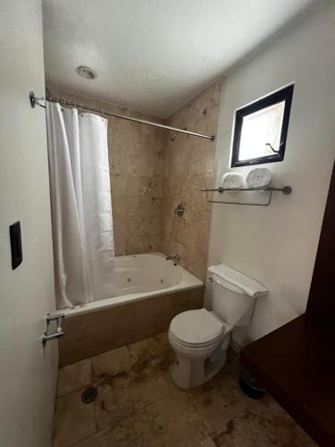 a bathroom with a toilet and a tub and a sink at Hotel Manglares in Celestún