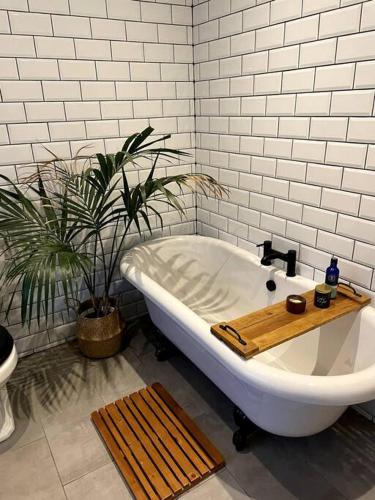 a white bath tub in a bathroom with a plant at Home in West by the Sea in Llanelli