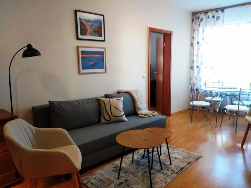 uma sala de estar com um sofá e uma mesa em TO FOUR+2 PREDELA 1 em Bansko