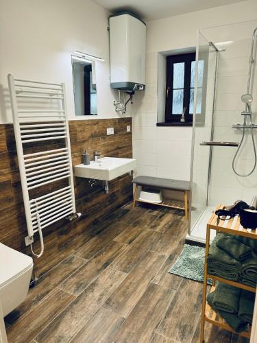 a bathroom with a sink and a shower at Stará Škola Mariánská in Albrechtice v Jizerských horách