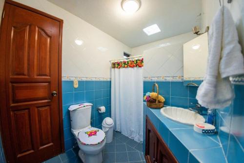 La salle de bains bleue est pourvue de toilettes et d'un lavabo. dans l'établissement Casa Gris Tule, à Santa María del Tule