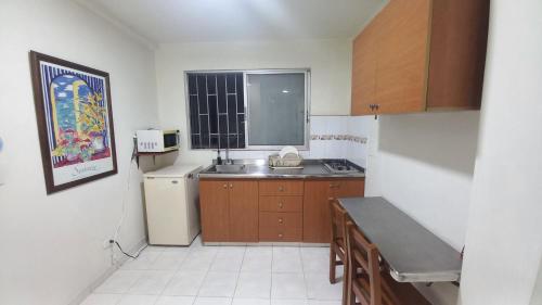 a small kitchen with a sink and a refrigerator at San Juan Del Lago in Pereira