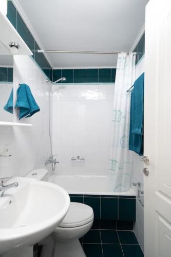 a bathroom with a sink and a toilet and a shower at Delphian Colors - Green Edition by Filos Inc in Delphi