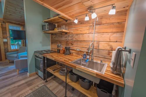 a kitchen with a sink and wooden walls at Lookout Tiny Cabin 5 Min To Downtown Chattanooga in Chattanooga