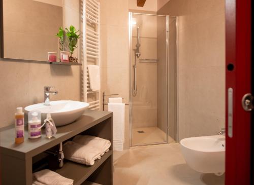 La salle de bains est pourvue d'un lavabo et d'une douche. dans l'établissement Agri-alloggio le Poscole Al Canton, à Castelgomberto