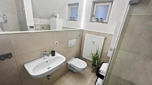 a bathroom with a sink and a toilet at BeckHomes: Luxuriöses Juwel mitten in der Altstadt in Bamberg