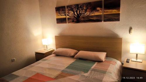 a bedroom with a bed with two pillows and two lamps at Holiday Apartment in Oberveischede