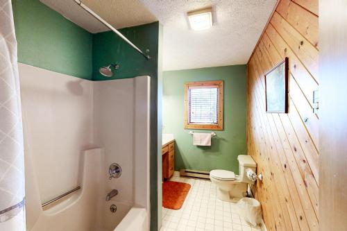 La salle de bains est pourvue d'une douche, de toilettes et de murs verts. dans l'établissement 29 Aker Wood, à Thayerville