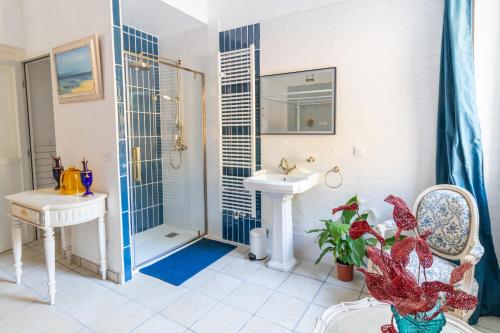 a bathroom with a shower and a sink and a toilet at Château le Beylon - Chambres d'hôtes in Montmaur