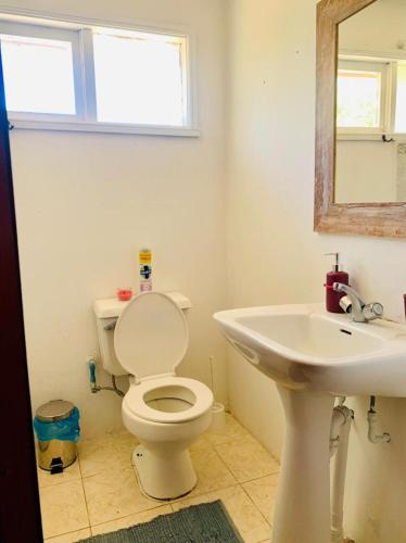 a bathroom with a white toilet and a sink at Cabañas El Trébol, a 5 minutos del aeropuerto in Puerto Montt