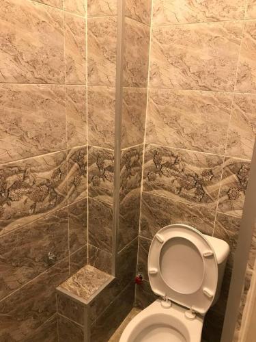 La salle de bains est pourvue de toilettes et d'une douche à l'italienne. dans l'établissement Anna's cosy home in Abanotubani, à Tbilissi