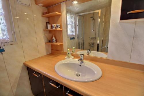 a bathroom with a sink and a mirror at Le petit moulin kersigalec in Canihuel