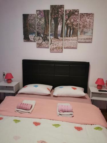 een slaapkamer met een groot bed met roze lakens en bomen bij Apartman Aki in Pirot
