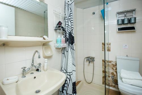 a bathroom with a shower and a sink and a toilet at Arodamos Studios & Apts in Kissamos