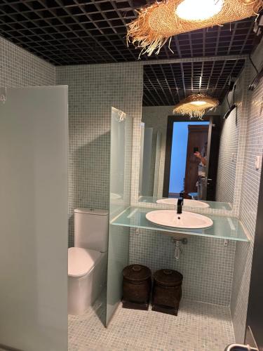 Un baño con lavabo, inodoro y espejo. en LoftSoho, en Alcobendas