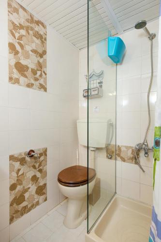 a bathroom with a toilet with a glass shower at Arodamos Studios & Apts in Kissamos