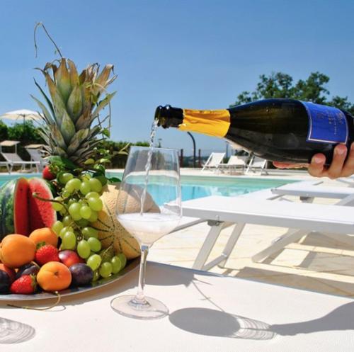 a person pouring a bottle of wine into a plate of fruit at Seiterre Agriturismo Tenuta San Leone in Valeggio sul Mincio