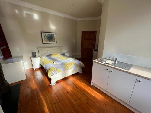 a bedroom with a bed and a sink in it at Sutton Studio Apartments in Cheam