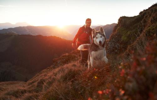 a person standing on top of a mountain with a dog at Hotel Wechselberger by Alpeffect Hotels in Saalbach Hinterglemm