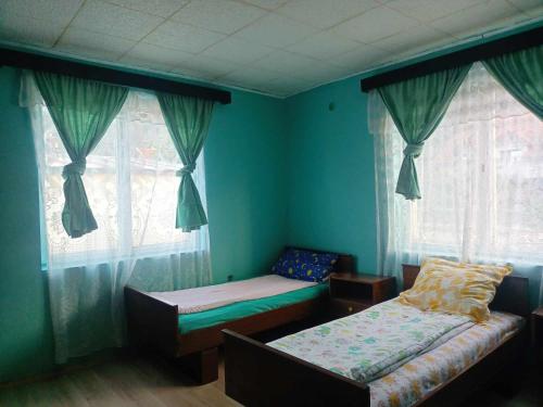 a bedroom with two beds and two windows at SC Simi Gugea srl in Poiana Mărului