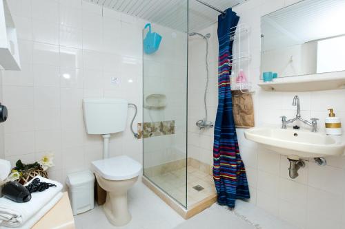 a bathroom with a shower and a toilet and a sink at Arodamos Studios & Apts in Kissamos