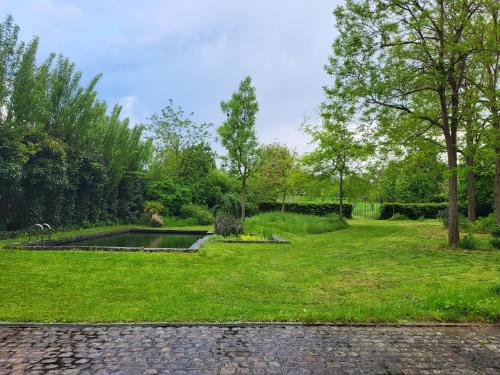 a garden with a pond in the grass at Charming and cosy ART DECO house in old historic farm with private natural pool and gardens with hiking and cycling trails nearby in Sint-Truiden