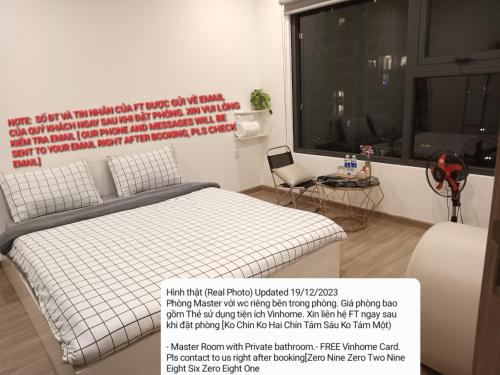 a poster of a bedroom with a bed and a chair at FThomestay at Vinhome Grand Park HCM in Gò Công