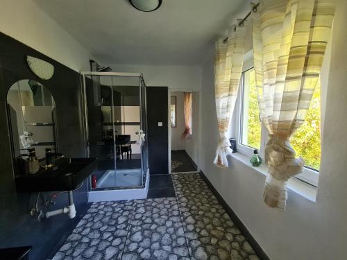 bagno con doccia, lavandino e specchio di Celý apartmánový dom Donovaly-Hanesy a Hanesy