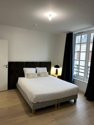 une chambre avec un grand lit dans une pièce dans l'établissement Le Bijou du Martroi, à Orléans