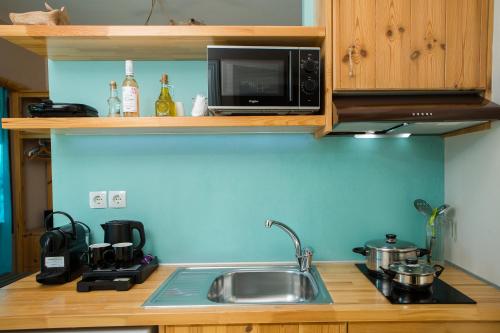 a kitchen counter with a sink and a microwave at Arodamos Studios & Apts in Kissamos