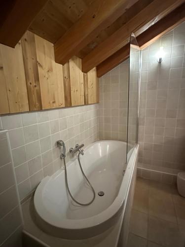 a bath tub with a shower in a bathroom at Chalet Rose in Saint-Martin-de-Belleville