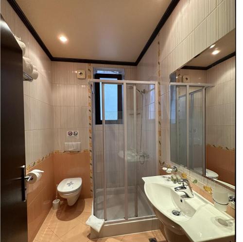 ヴェリコ・タルノヴォにあるゲストハウス ペトラのバスルーム(シャワー、洗面台、トイレ付)