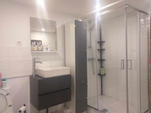 een badkamer met een douche, een wastafel en een toilet bij 3 Chambres à louer à COLOMBES in Colombes