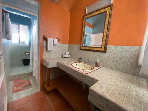 W łazience znajduje się umywalka i lustro. w obiekcie Casa Zuniga B&B w mieście Guanajuato