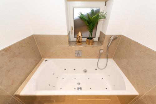 a bath tub with a plant in a bathroom at Alpen Appartements Marlene in Ehrwald
