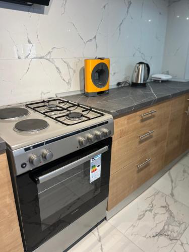 a kitchen with a stove and a counter top at Mavrovo Square One Bedroom APARTMENT in Mavrovo