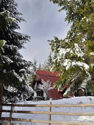 una casa cubierta de nieve con una valla y árboles en Vikendica Mašan, en Pale