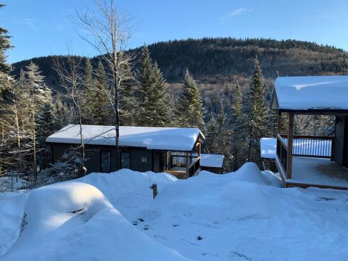 a cabin covered in snow with a mountain in the background at Nordique spa Stoneham in Stoneham