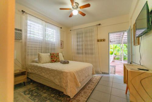 1 dormitorio con 1 cama y ventilador de techo en Casa Pina Suave #1, en Rincón