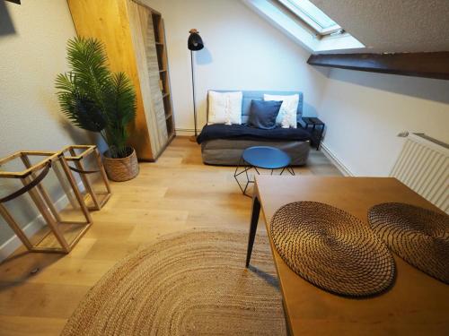 a living room with a couch and a table at Appartement meublé 5 - 15 min Dampierre - 25 min Belleville - WIFI in Gien