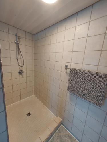 a tiled bathroom with a shower and a towel at Allgäu Bergblick in Leutkirch im Allgäu